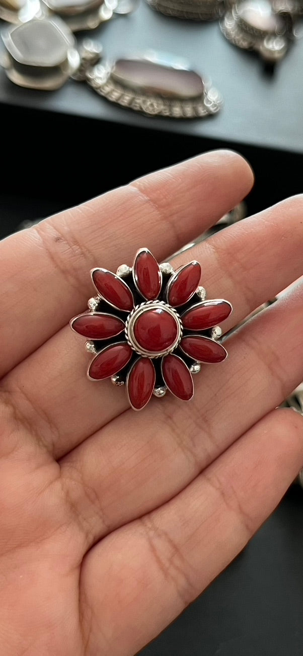 Premium Carnelians, flower statement ring/925 sterling silver/handmade