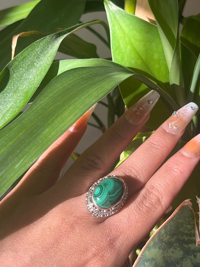 Beautiful Malachite Ring/ Sterling Silver/ Adjustable