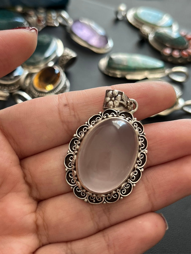 Authentic Rose Quartz teardrop/statement Pendants/sterling silver