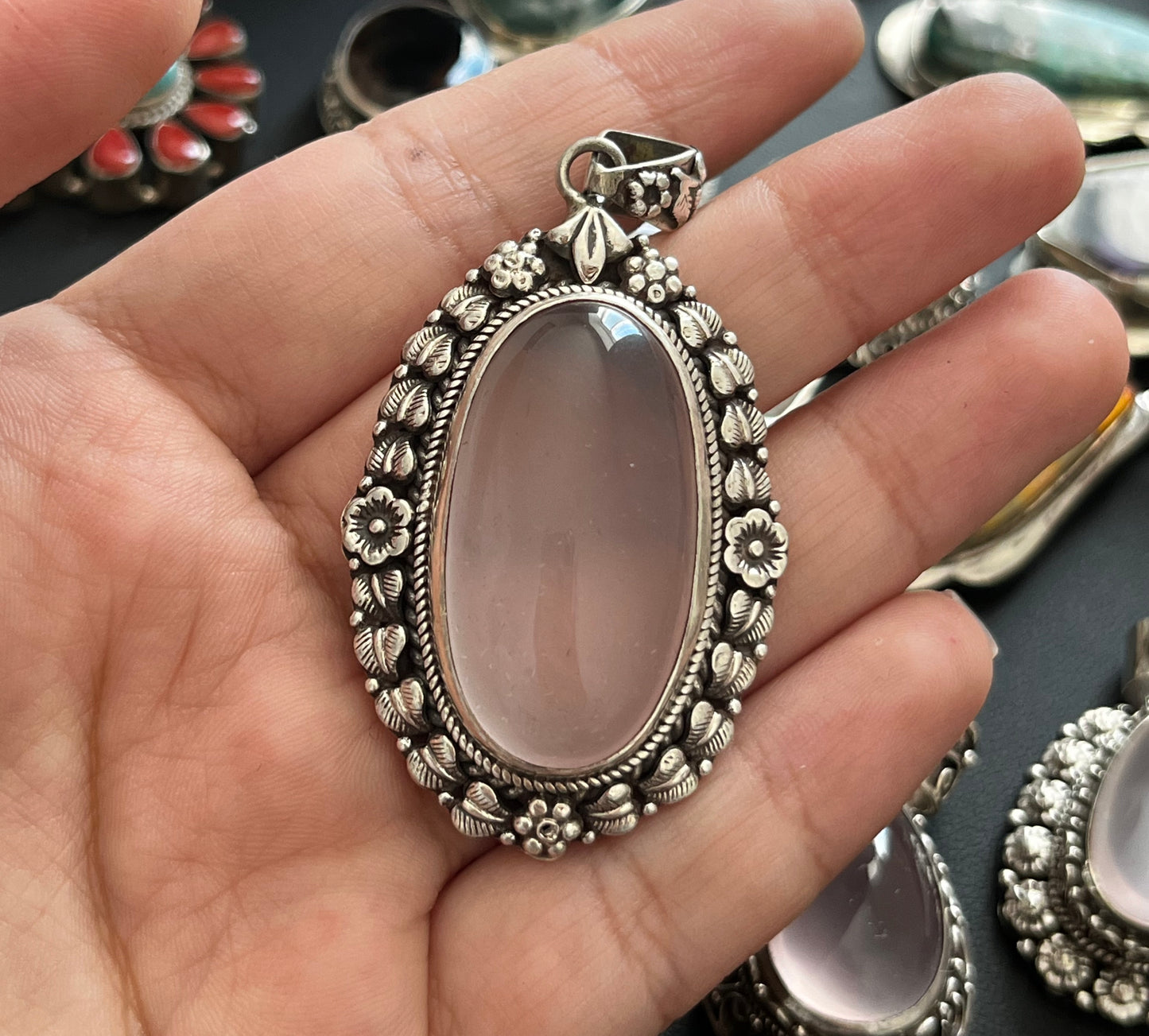 Authentic Rose Quartz teardrop/statement Pendants/sterling silver