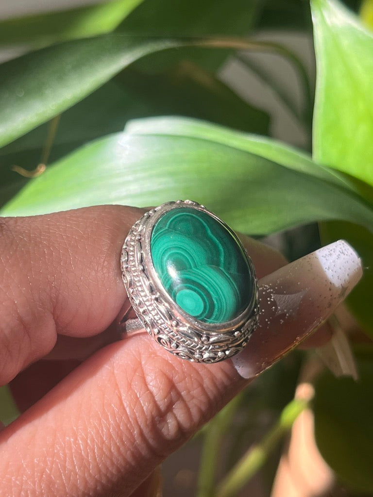 Beautiful Malachite Ring/ Sterling Silver/ Adjustable