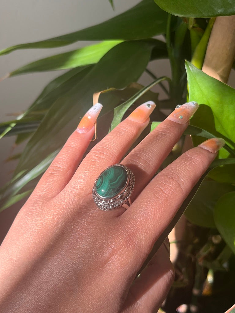 Beautiful Malachite Ring/ Sterling Silver/ Adjustable