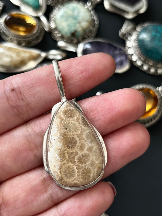 Coral pendant/handmade/sterling silver