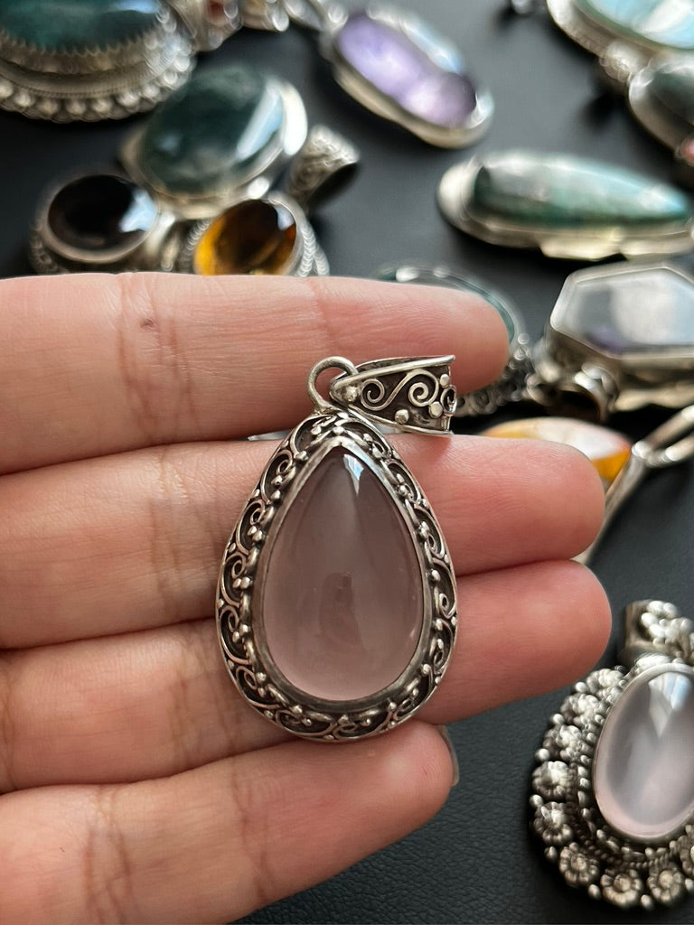 Authentic Rose Quartz teardrop/statement Pendants/sterling silver