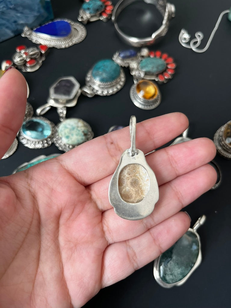 Coral pendant/handmade/sterling silver